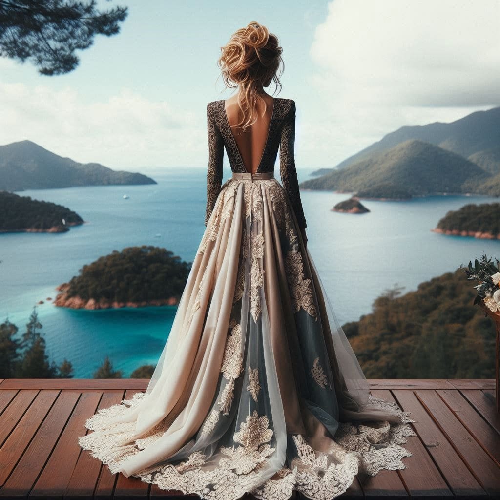a woman in a dress looking at a body of water