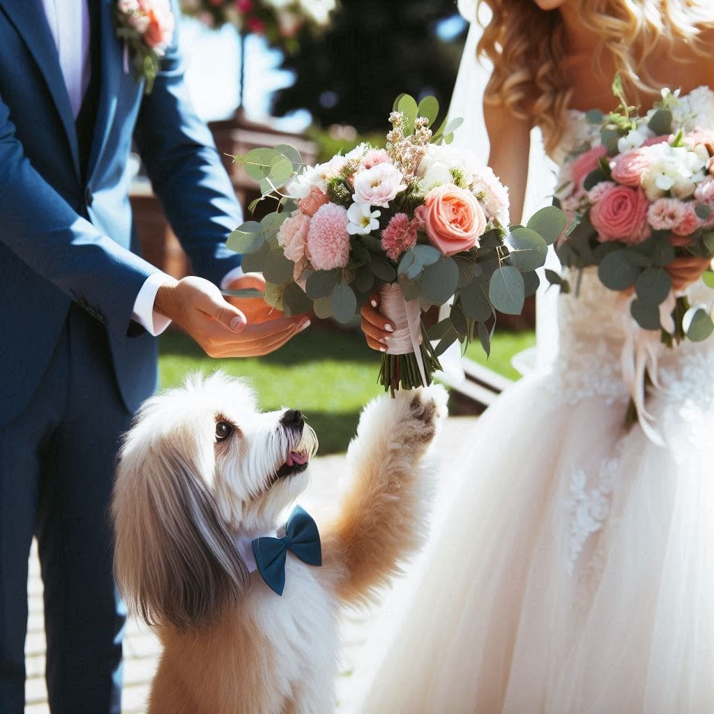 a dog giving a bouquet to a bride