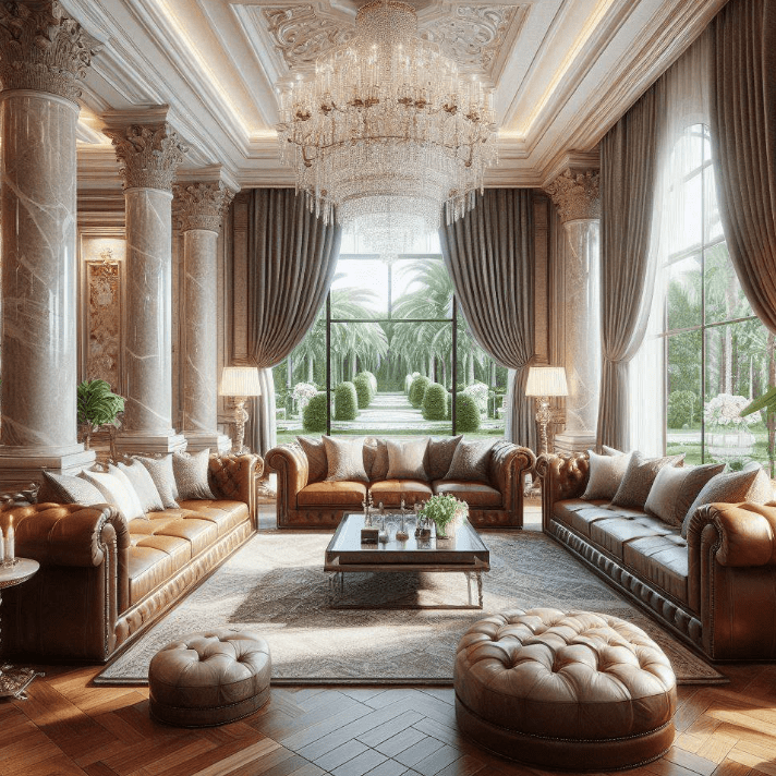 a living room with a chandelier and couches