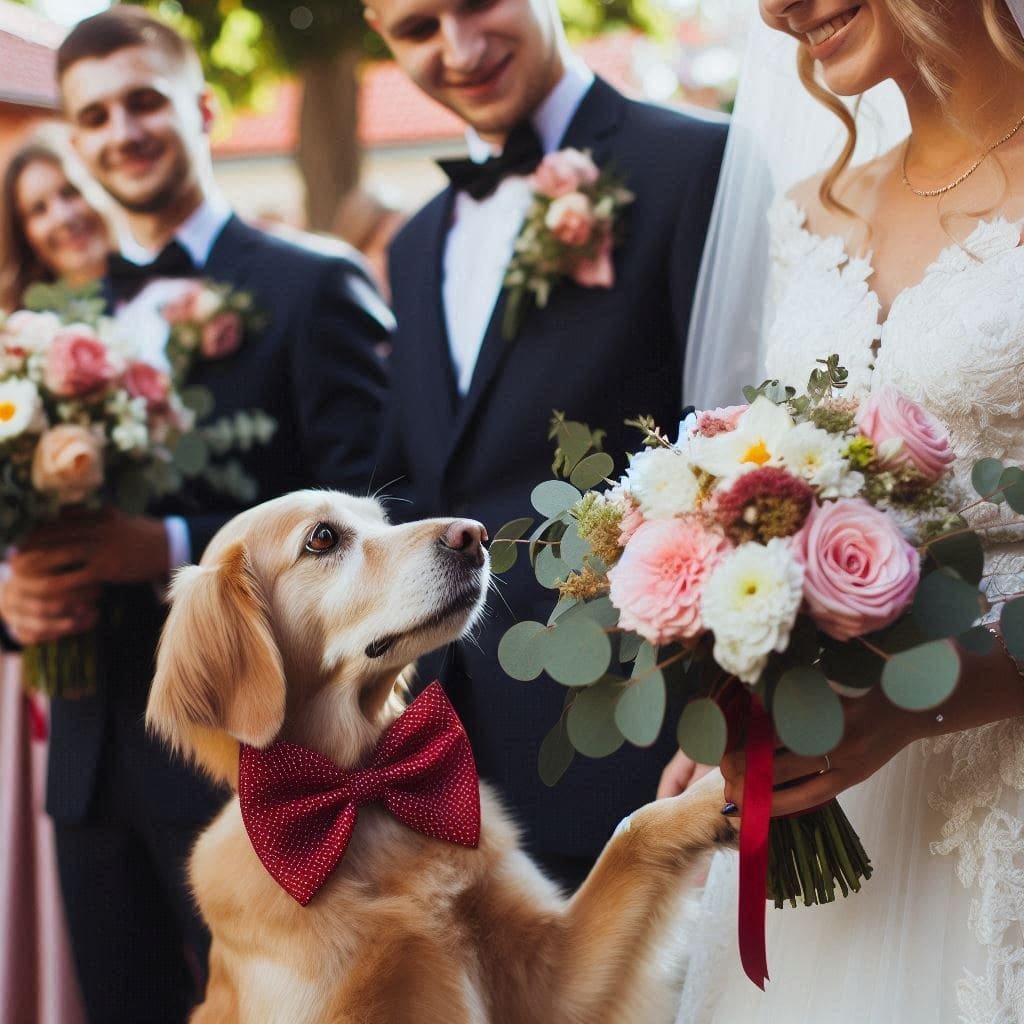 a dog holding flowers and a couple of people in suits