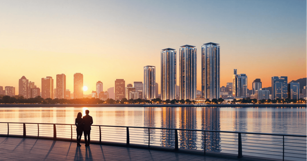 "A scenic view of Seoul's Han River at sunset, with luxurious high-rise apartments and a modern city skyline in the background. The atmosphere is warm and aspirational, featuring soft golden-hour lighting reflecting off the water. Include a silhouette of a couple standing together on a riverside walkway, looking towards the apartments, evoking a sense of ambition and future planning. Use a clean and minimalistic composition with no text or numbers. Highlight the elegance of the scene with subtle details like glowing apartment windows, gentle ripples on the river, and a clear sky transitioning from orange to blue."